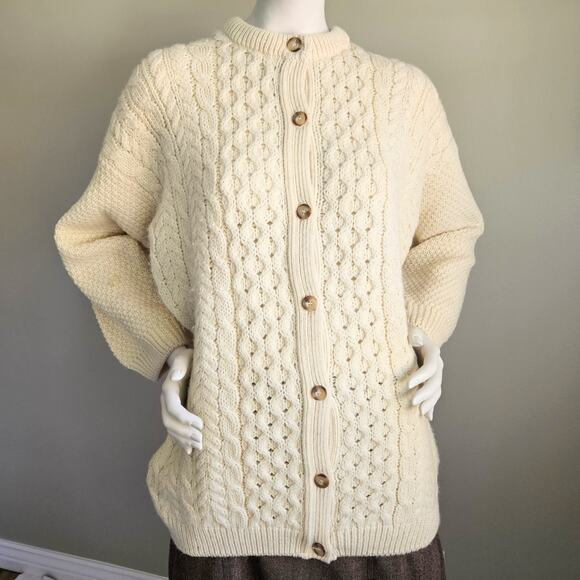 VTG Ivory 100% Wool Cardigan Chunky Fisherman Made in Scotland Cottage Womens M - Picture 6 of 10